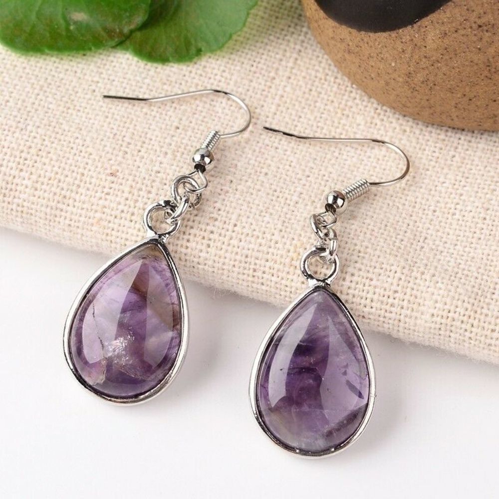 Hand Crafted Natural Amethyst Gemstone Teardrop Cabochons Dangle Earrings